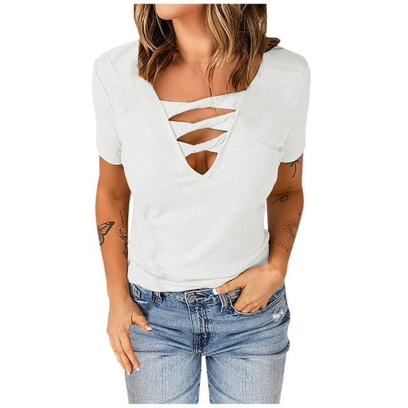 USSUMA Summer Tops for Women Trendy Sexy Cut Out Short Sleeve Dressy Shirts Blouses V Neck Women's Tops Summer 2022 Solid Color Hollow Out Casual Tshirts Tunic Plus
