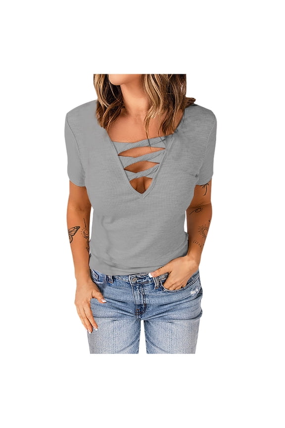 USSUMA Summer Tops for Women Trendy Sexy Cut Out Short Sleeve Dressy Shirts Blouses V Neck Women's Tops Summer 2022 Solid Color Hollow Out Casual Tshirts Tunic Plus