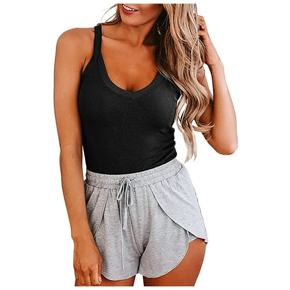 USSUMA Summer Tops for Women Trendy Sport Basic Yoga Tank Top Sleeveless Dressy Shirts Blouses Round Neck Women's Tops Summer 2022 Solid Color Vest Casual Tshirts Tunic Plus