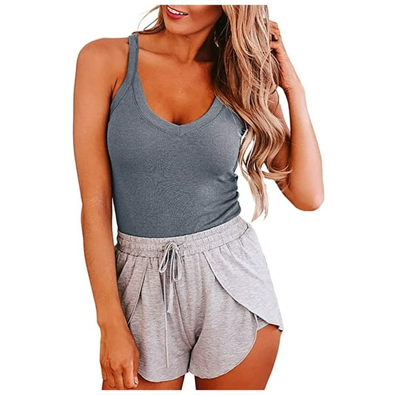 USSUMA Summer Tops for Women Trendy Sport Basic Yoga Tank Top Sleeveless Dressy Shirts Blouses Round Neck Women's Tops Summer 2022 Solid Color Vest Casual Tshirts Tunic Plus