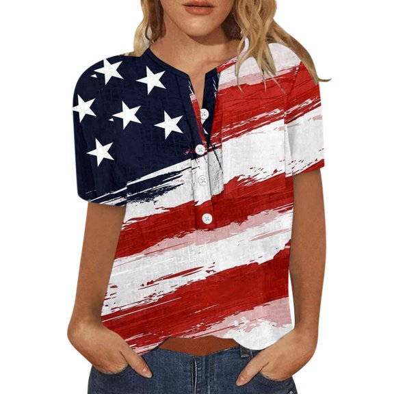 USSUMA Summer Tops for Women Trendy V Neck Short Sleeve Dressy Shirts Blouses American Flag Star Buttons Women's Tops Summer 2022 4th of July Patriotic Casual Tshirts Tunic Plus