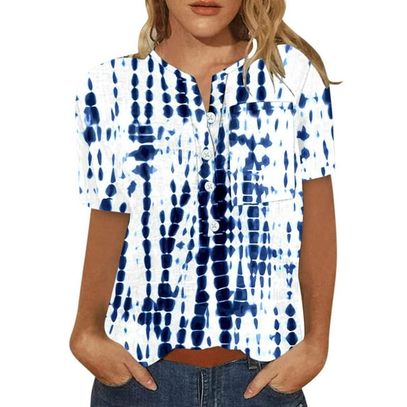 USSUMA Summer Tops for Women Trendy V Neck Short Sleeve Dressy Shirts Blouses Buttons Cute Graphic Women's Tops Summer 2022 Hawaiian Tropical Print Casual Tshirts Tunic Plus