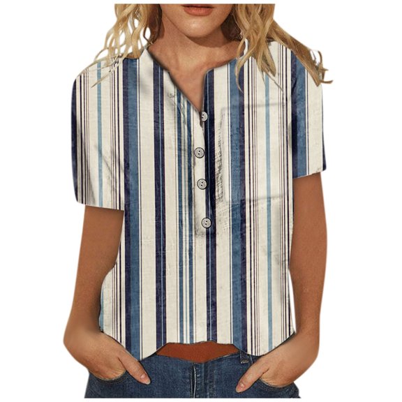 USSUMA Summer Tops for Women Trendy V Neck Short Sleeve Dressy Shirts Blouses Cute Basic Button Up Women's Tops Summer 2022 Striped Color Block Casual Tshirts Tunic Plus