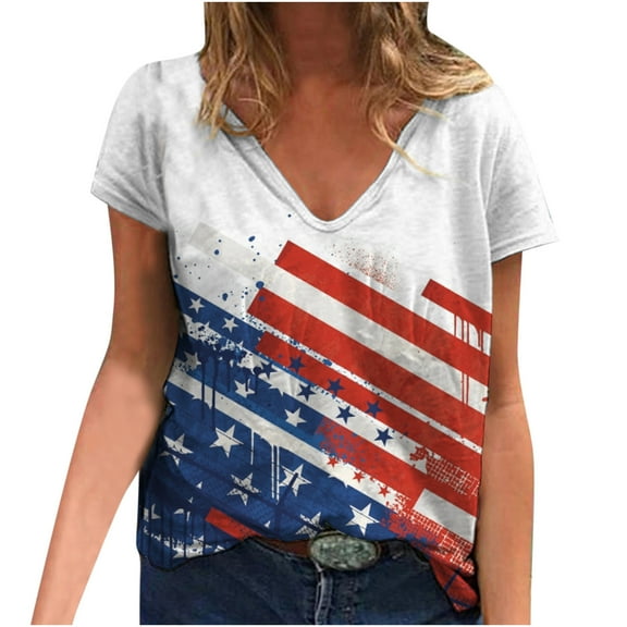 USSUMA Summer Tops for Women Trendy V Neck Short Sleeve Dressy Shirts Blouses Patriotic Graphic Women's Tops Summer 2022 4th of July USA Flag Casual Tshirts Tunic Plus