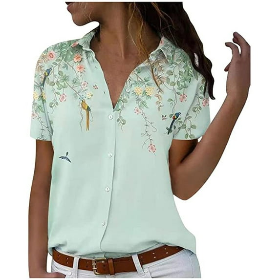 USSUMA Summer Tops for Women Trendy V Neck Short Sleeve Dressy Shirts Blouses Vintage Button Up Women's Tops Summer 2022 Floral Print Casual Tshirts Tunic Plus