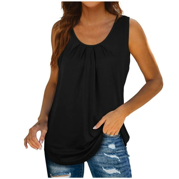 USSUMA Summer Tops for Women Trendy V Neck Sleeveless Dressy Shirts Blouses Flowy Pleated Tank Camis Women's Tops Summer 2022 Basic Solid Color Casual Tshirts Tunic Plus
