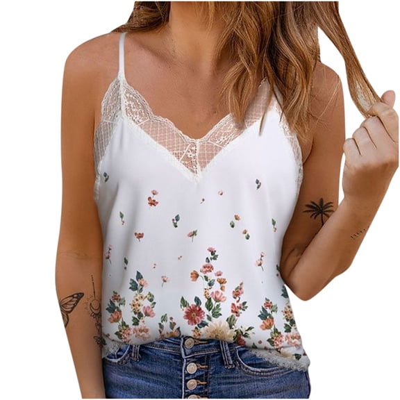 USSUMA Summer Tops for Women Trendy V Neck Sleeveless Dressy Shirts Blouses Lace Trim Spaghetti Strap Tanks Women's Tops Summer 2022 Sexy Floral Print Casual Tshirts Tunic Plus