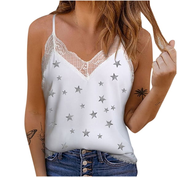 USSUMA Summer Tops for Women Trendy V Neck Sleeveless Dressy Shirts Blouses Lace Trim Spaghetti Strap Tanks Women's Tops Summer 2022 Sexy Floral Print Casual Tshirts Tunic Plus