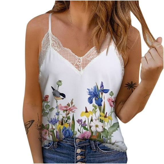 USSUMA Summer Tops for Women Trendy V Neck Sleeveless Dressy Shirts Blouses Lace Trim Spaghetti Strap Tanks Women's Tops Summer 2022 Sexy Floral Print Casual Tshirts Tunic Plus