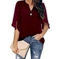 thumbnail image 1 of USSUMA Summer Tops for Women 2025 Fashion Women Casual Chiffon Short Sleeve V-Neck Solid Loose Tops Blouses Casual Sales Wine Polyester XXL, 1 of 4