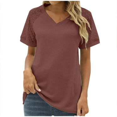 USSUMA Summer Tops for Women 2025 Fashion Women's Casual Short Sleeve V-Neck Solid Tops Blouse Leisure up to 4 Off Red Polyester L