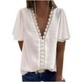 thumbnail image 1 of USSUMA Summer Tops for Women 2025 Women Casual Short Sleeve Chiffee Solid V-Neck Blouse T-Shirt Ladies Tops Casual Festive Fashion White Polyester L, 1 of 6