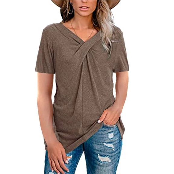 USSUMA Summer Tops for Women 2025 Women Fashion V-Neck Short Sleeve Solid Long T-shirt Blouse Ladies Tops Vintage up to 4 Off Coffee Polyester XXL