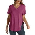 thumbnail image 1 of USSUMA Summer Tops for Women 2025 Women's Fashion Solid V-Neck Short Sleeves Casual T-Shirt Top Trendy Holiday Saving Hot Pink Polyester M, 1 of 6