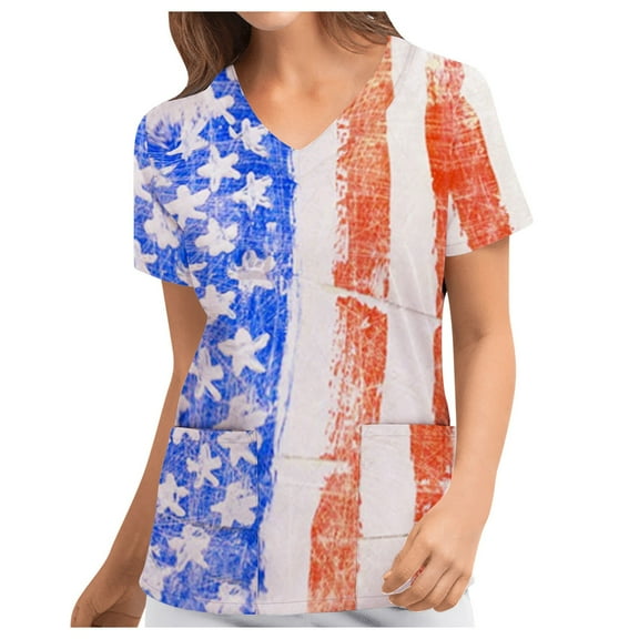 USSUMA T-Shirts for Women Trendy American Flag Scrub Tops Women's Independence Day V Neck Scrubs 4th of July Nursing Working Uniform with Pockets