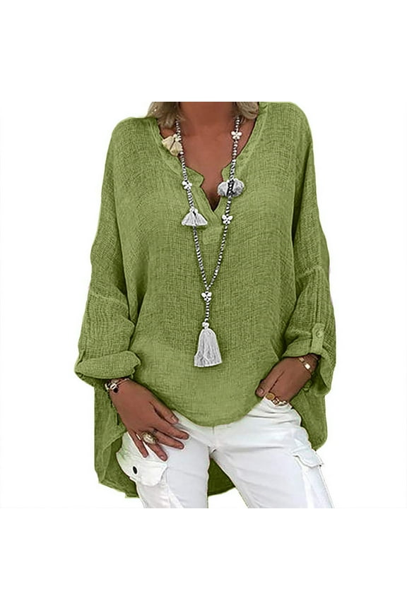 USSUMA Summer Women's Linen Cotton Tshirt Tops Vintage Trendy Casual Loose Fit Tunic Tees Long Sleeve Plus Size V Neck Blouses