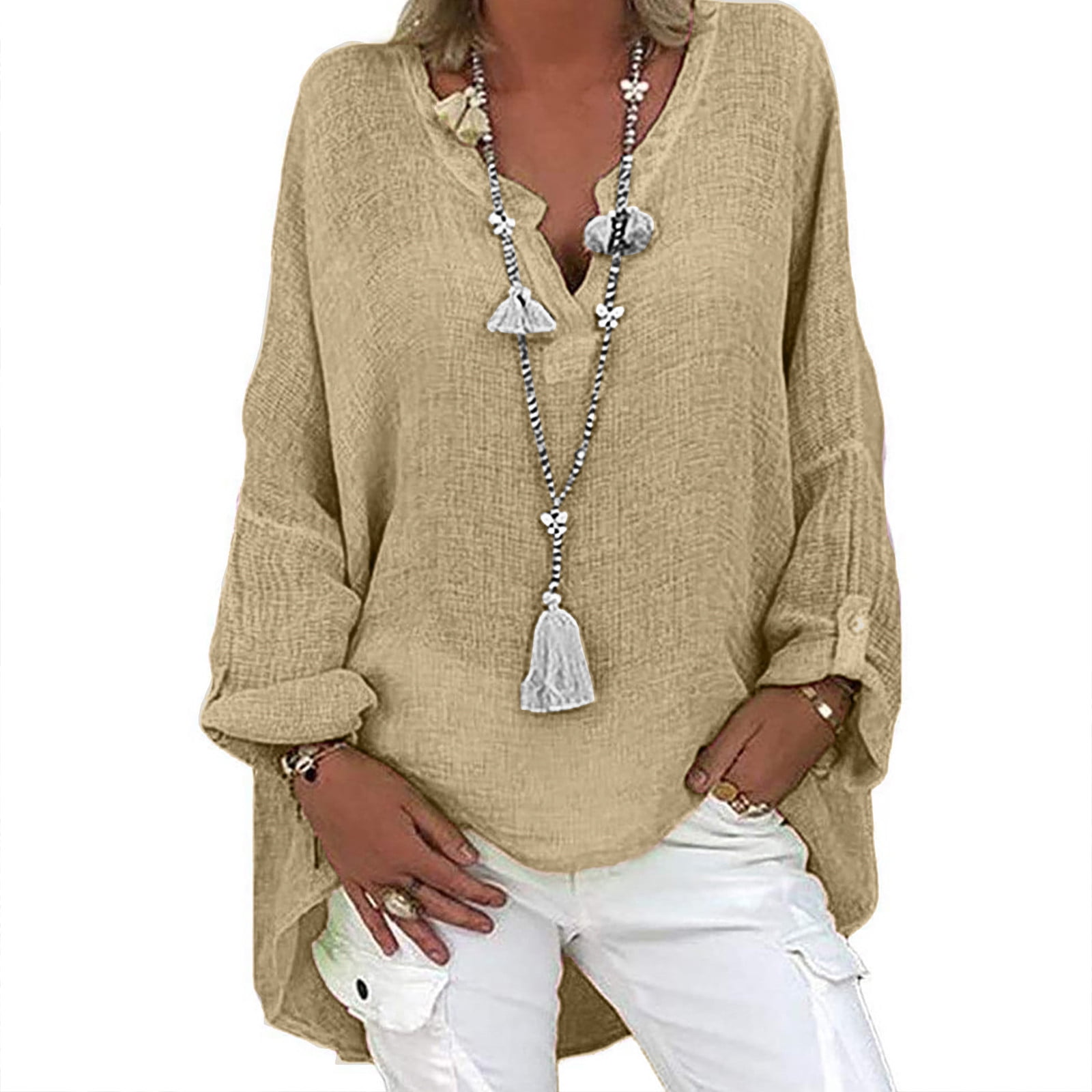 USSUMA Summer Women's Linen Cotton Tshirt Tops Vintage Trendy Casual Loose Fit Tunic Tees Long Sleeve Plus Size V Neck Blouses