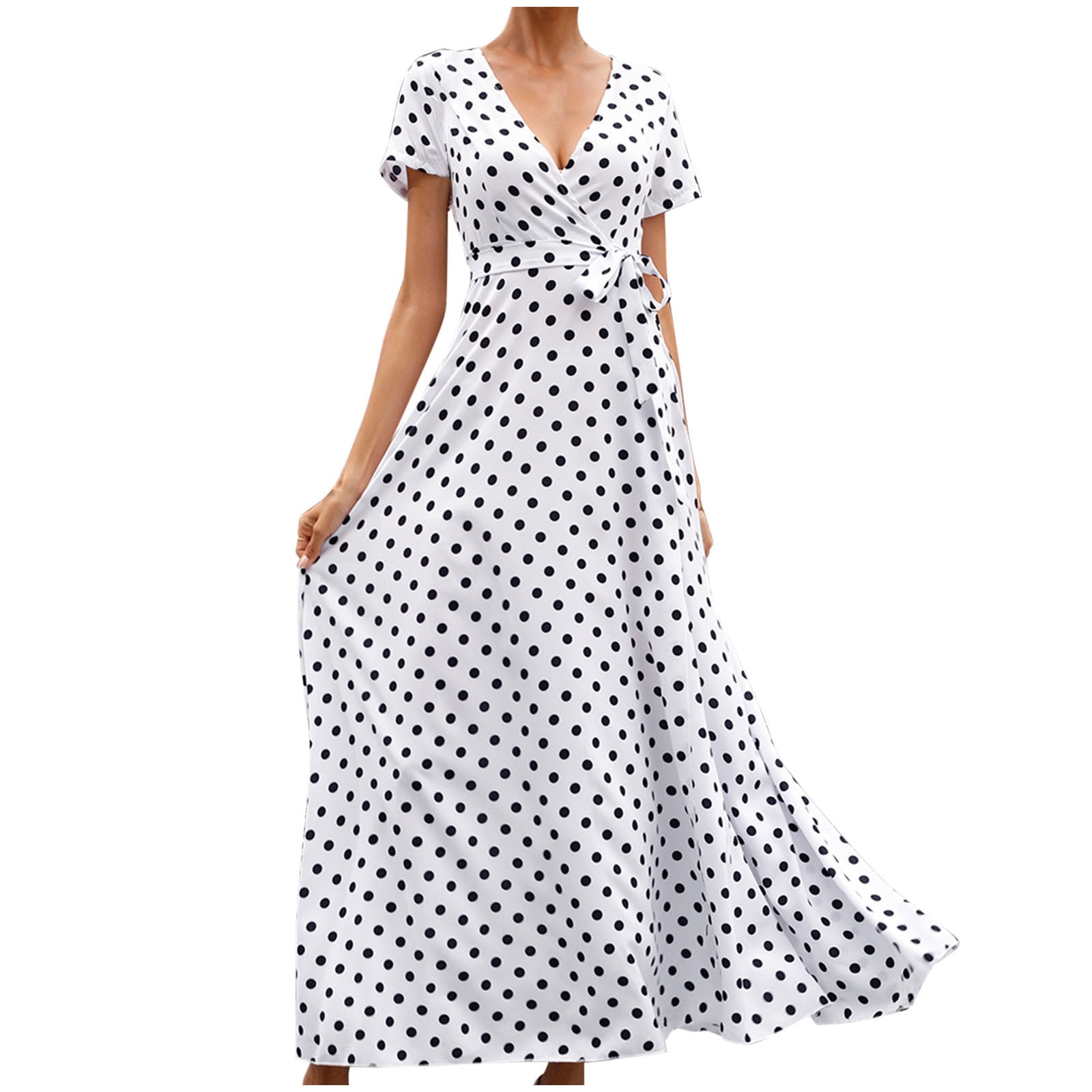 USSUMA Sun Dresses Women Casual Short Sleeve High Slit Belted Pleated Swing Long Summer Dresses Polka Dot Flowy Sundress for Women Beach Vacation V Neck Maxi Women's Shirt Dress