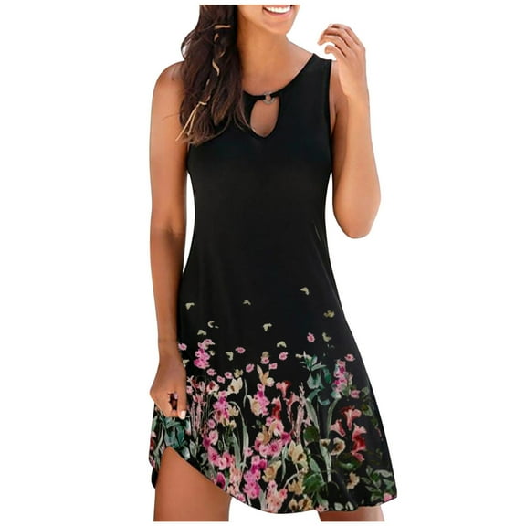 USSUMA Sun Dresses Women Casual Short Sleeve Plus Size Knee Length Swing Tshirt Summer Dresses Floral Print Sundress for Women Beach Vacation Round Neck Midi Women's Shirt Dress