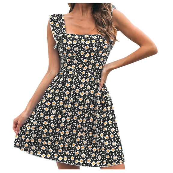 USSUMA Sun Dresses Women Casual Sleeveless Bohemian Aline Swing Short Summer Dresses Daisy Print Flowy Sundress for Women Beach Vacation Square Neck Mini Women's Shirt Dress