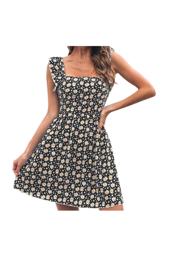 USSUMA Sun Dresses Women Casual Sleeveless Bohemian Aline Swing Short Summer Dresses Daisy Print Flowy Sundress for Women Beach Vacation Square Neck Mini Women's Shirt Dress
