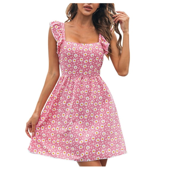 USSUMA Sun Dresses Women Casual Sleeveless Bohemian Aline Swing Short Summer Dresses Daisy Print Flowy Sundress for Women Beach Vacation Square Neck Mini Women's Shirt Dress