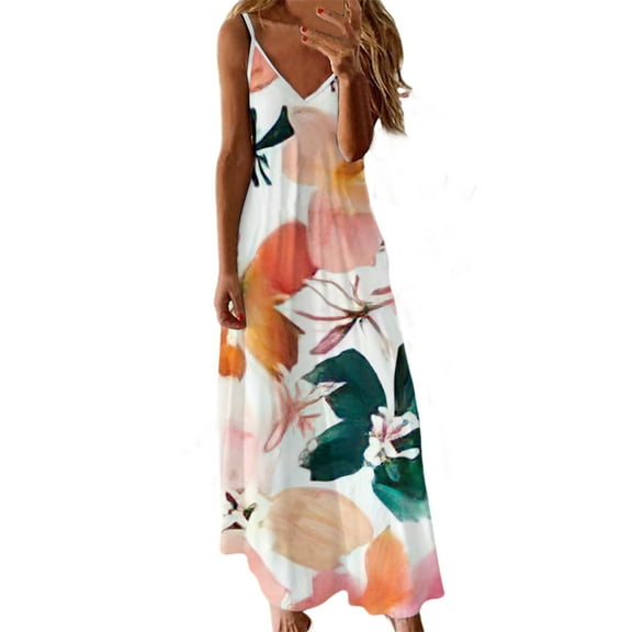 USSUMA Sun Dresses Women Summer Casual Bohemian Flowy Swing Long Maxi Sundresses for Women Tie Dye Floral Print Spaghetti Strap Plus Size Dress V Neck Sleeveless Wedding Guest Dress