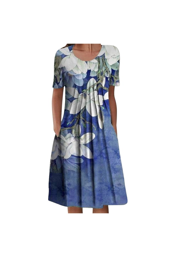 USSUMA Floral Print Women's Dresses Midi Sundresses for Women Casual Summer Short Sleeve Boho Pleated Knee Length Swing Aline Sun Dress Beach Vacation Crewneck Graduation Dress