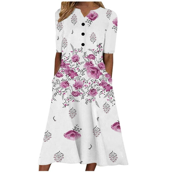 USSUMA Sun Dresses Women Summer Casual Pleated Loose Swing Midi for Women Flral Print Knee Length Plus Size Dress Crewneck Short Sleeve Wedding Guest Dress Summer Savings