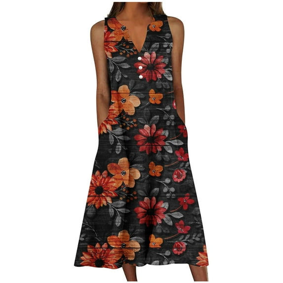 SEMPAI Sun Dresses Women Summer Casual Pleated Loose Swing Midi for Women Flral Print Knee Length Plus Size Dress Crewneck Short Sleeve Wedding Guest Dress Summer