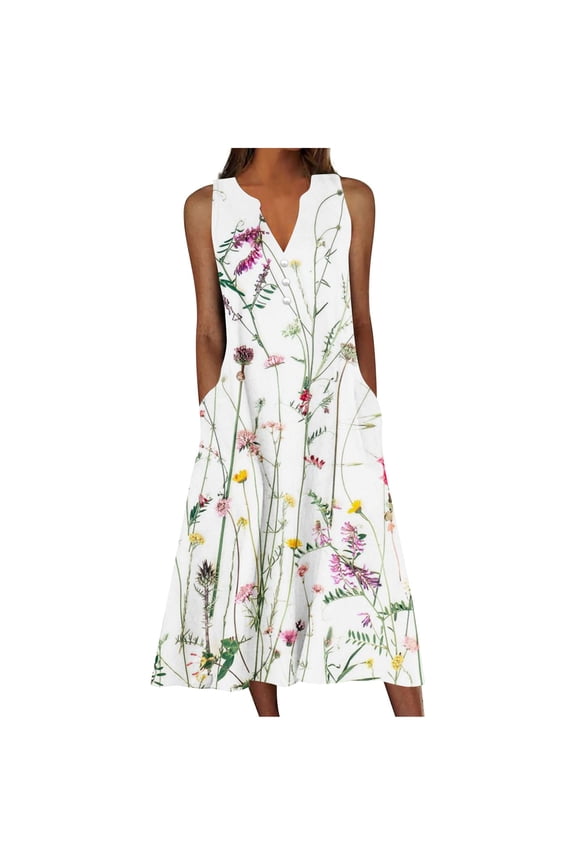 Sun Dresses Women Summer Casual Pleated Loose Swing Midi for Women Flral Print Knee Length Plus Size Dress Crewneck Short Sleeve Wedding Guest Dress Summer