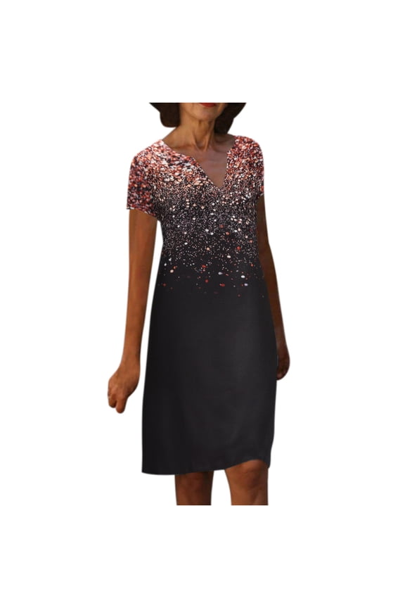 USSUMA Sun Dresses Women Summer Casual Short Sleeve Curved Shift Tank T Shirt Mini Sundresses for Women Floral Print Plus Size Dress for Women V Neck Graduation Dress