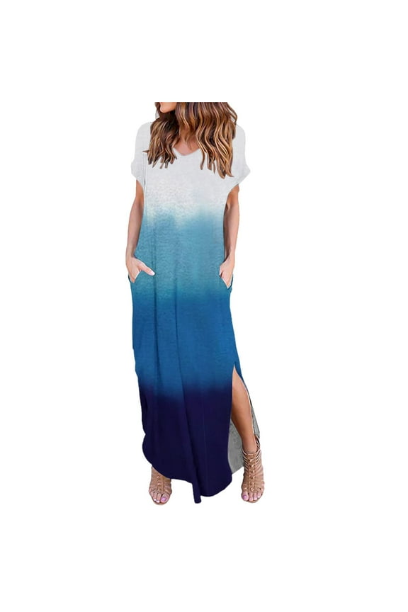 USSUMA Sun Dresses Women Summer Casual Short Sleeve Loose Pocket Long Slit Maxi Sundresses for Women Tie Dye Plus Size Dress for Women V Neck Graduation Dress