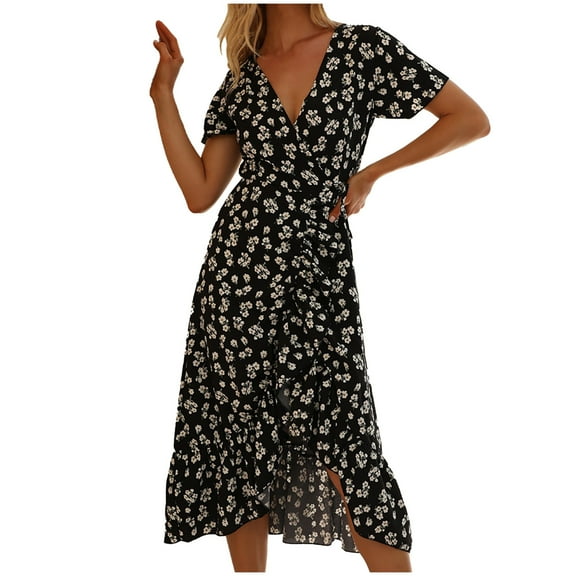 USSUMA Sun Dresses Women Summer Casual Short Sleeve Ruffle Wrap Flowy Boho Long Maxi Sundresses for Women Floral Print Plus Size Dress for Women V Neck Graduation Dress