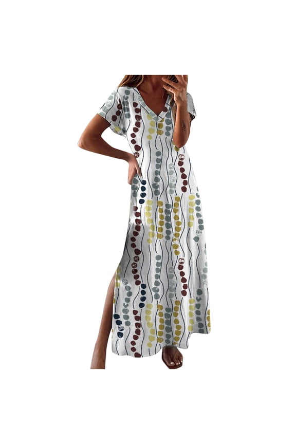 USSUMA Sun Dresses Women Summer Casual Short Sleeve Side Split Flowy Shirt Long Maxi Sundresses for Women Floral Print Plus Size Dress for Women V Neck Graduation Dress