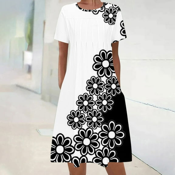 USSUMA Sun Dresses Women Summer Casual Short Sleeve Tunic Shirt Midi Sundresses Daisy Print Plus Size Dress Round Neck Graduation