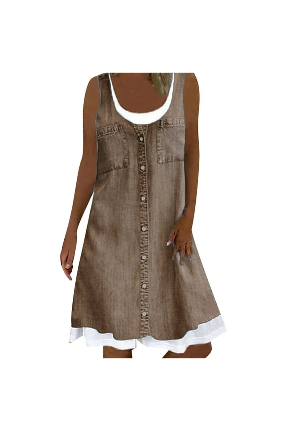 Sun Dresses Women Summer Casual Sleeveless Boho Loose Flowy Swing T shirt Sundresses for Women Patchwork Plus Size Dress for Women U Neck Graduation Dress