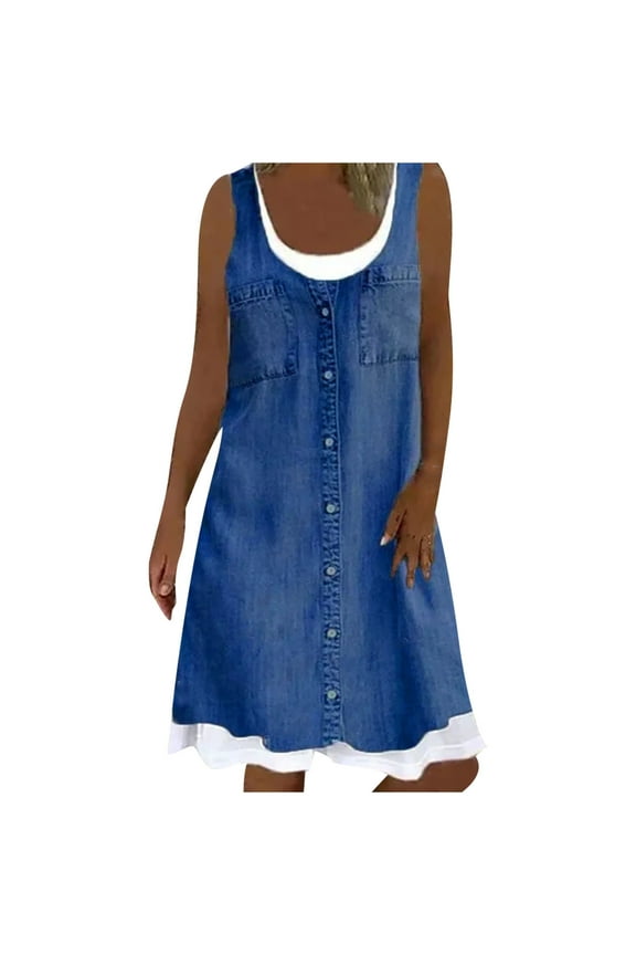 USSUMA Sun Dresses Women Summer Casual Sleeveless Boho Loose Flowy Swing T shirt for Women Patchwork Plus Size Dress for Women U Neck Graduation Dress