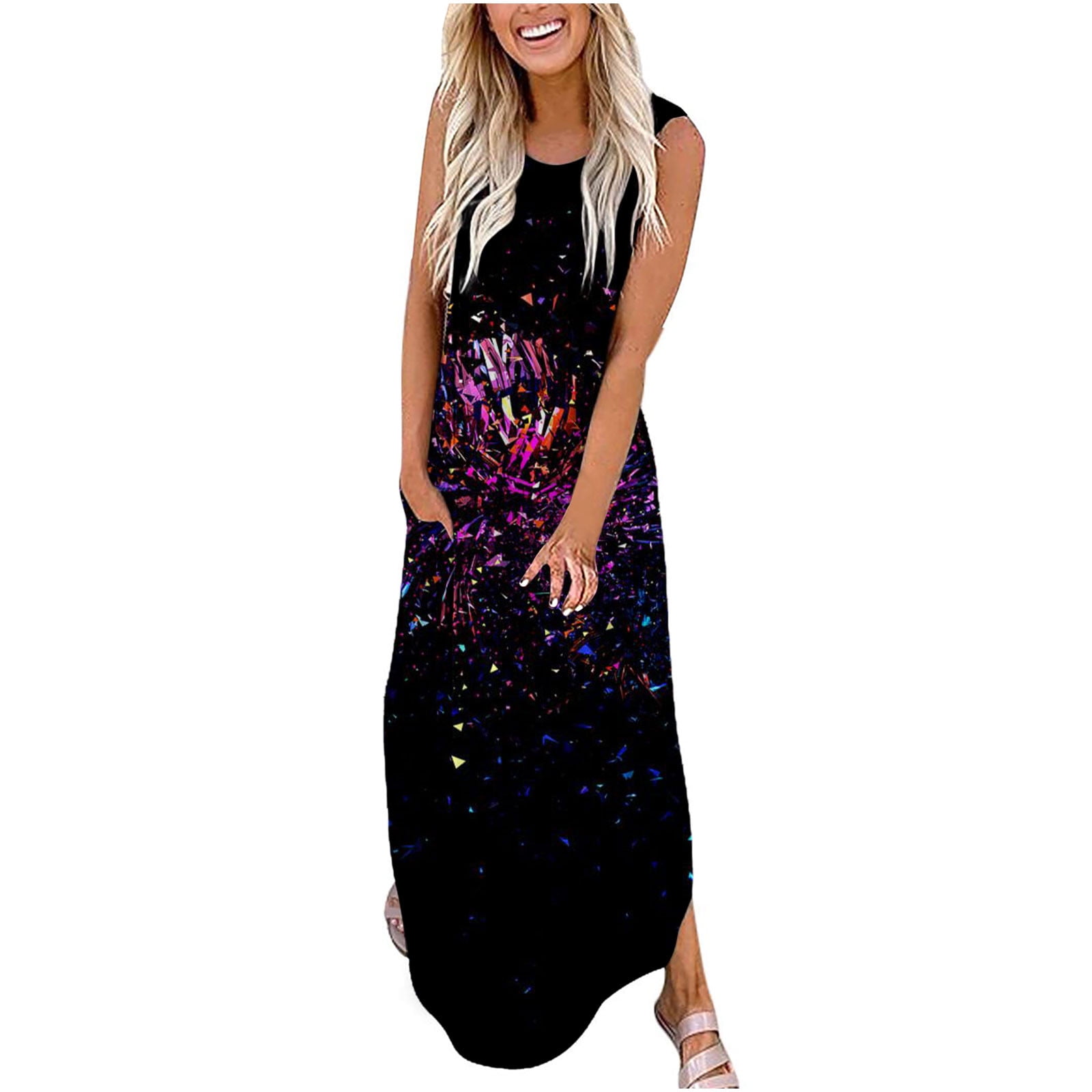 USSUMA Sun Dresses Women Summer Casual Sleeveless Loose Boho Tunic Long Maxi Sundresses for Women Tie-Dye Print Plus Size Dress for Women Round Neck Graduation Dress