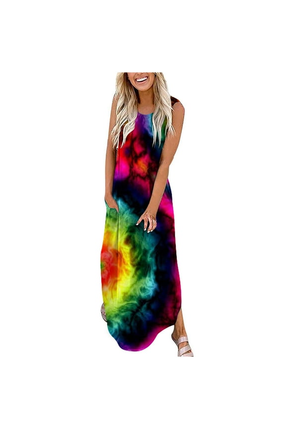 USSUMA Sun Dresses Women Summer Casual Sleeveless Loose Boho Tunic Long Maxi Sundresses for Women Tie-Dye Print Plus Size Dress for Women Round Neck Graduation Dress