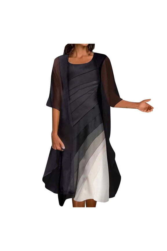 USSUMA Sun Dresses Women Summer Casual Sleeveless Loose Chiffon Cardigan with Flowy Midi Sundresses for Women Two-Piece Set Plus Size Dress for Women Round Neck Graduation Dress