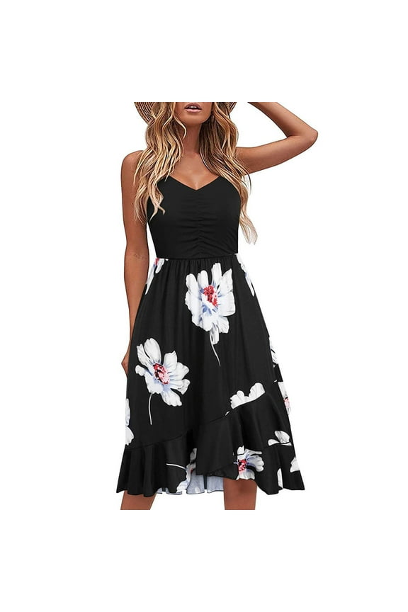 USSUMA Sun Dresses Women Summer Casual Sleeveless Pleated Flowy Swing Midi Sundresses for Women Floral Print Plus Size Dress for Women V Neck Graduation Dress