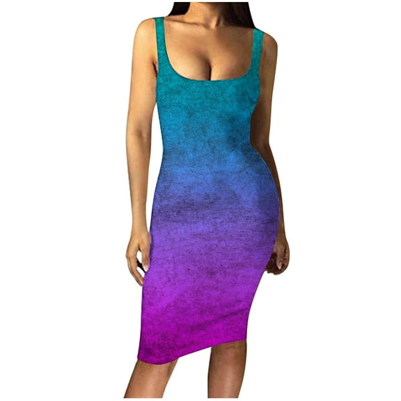USSUMA Sun Dresses Women Summer Casual Sleeveless Sexy Club Bodycon Pencil Midi Sundresses for Women Tie-Dye Print Plus Size Dress for Women U Neck Graduation Dress