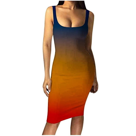 USSUMA Sun Dresses Women Summer Casual Sleeveless Sexy Club Bodycon Pencil Midi Sundresses for Women Tie-Dye Print Plus Size Dress for Women U Neck Graduation Dress