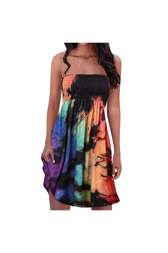 USSUMA Sundresses for Women Casual Summer Sexy Tube Strapless Smocked Mini Beach Dress Boho Tie-Dye Plus Sun Dresses Sleeveless Off the Shoulder Dress Party Vacation