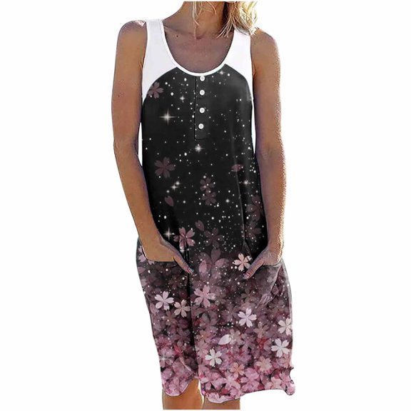 USSUMA Sun Dresses Women Summer Casual Sleeveless Shirt Tank Shift Midi Sundresses for Women Floral Print Plus Size Dress for Women V Neck Graduation Dress