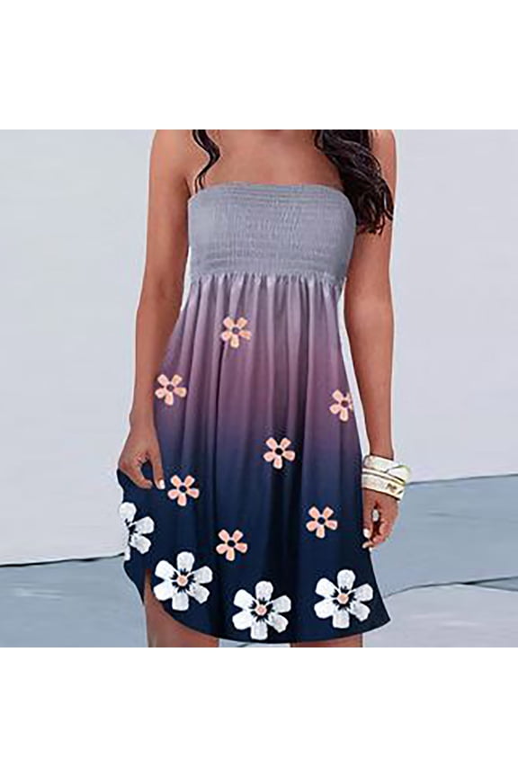 USSUMA Sun Dresses Women Summer Casual Sleeveless Off Shoulder Pleated Swing Tube Top Mini Sundresses for Women Sunflower Print Plus Size Dress for Women V Neck Graduation Dress