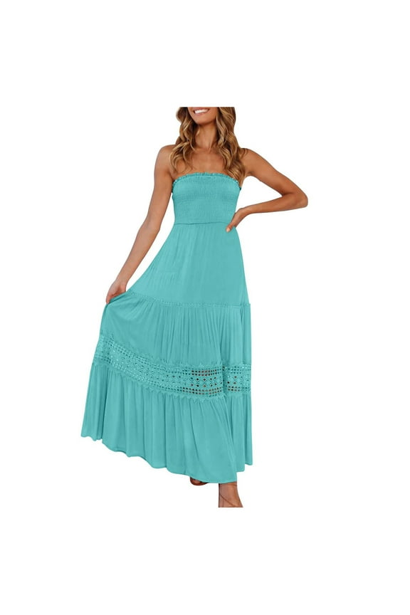 USSUMA Sun Dresses Women Summer Casual Sleeveless Smocked Tube Top Lae Swing Flowy Long Maxi Sundresses for Women Solid Plus Size Dress for Women V Neck Graduation Dress