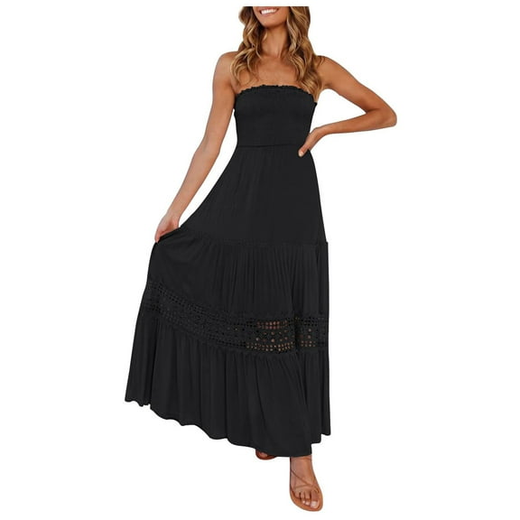 USSUMA Sun Dresses Women Summer Casual Sleeveless Smocked Tube Top Lae Swing Flowy Long Maxi Sundresses for Women Solid Plus Size Dress for Women V Neck Graduation Dress