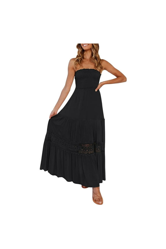 USSUMA Sun Dresses Women Summer Casual Sleeveless Smocked Tube Top Lae Swing Flowy Long Maxi Sundresses for Women Solid Plus Size Dress for Women V Neck Graduation Dress